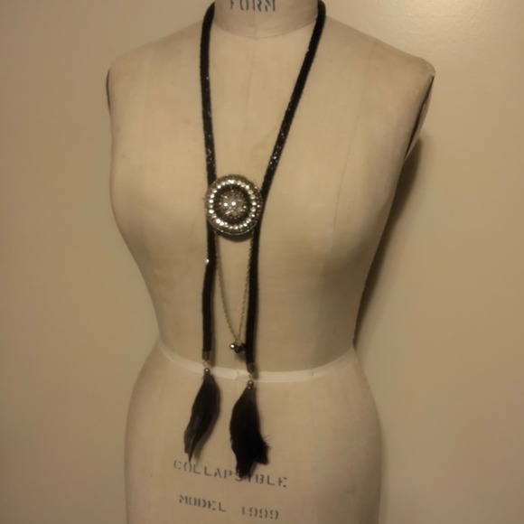 Iris Apfel & Bajalia Black-Clear Rhinestone Feathered Beaded Statement Necklace - Picture 6 of 16